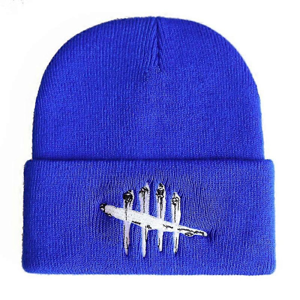 Stickad mössa i dagsljus med bomullsbroderi- blue