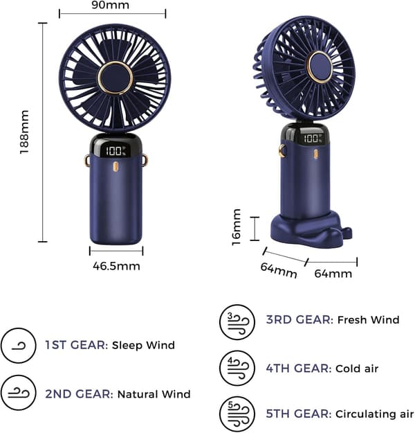 USB genopladelig bærbar ventilator, 5 blæserhastigheder, mini sammenklappelig bordventilator (mørkeblå)